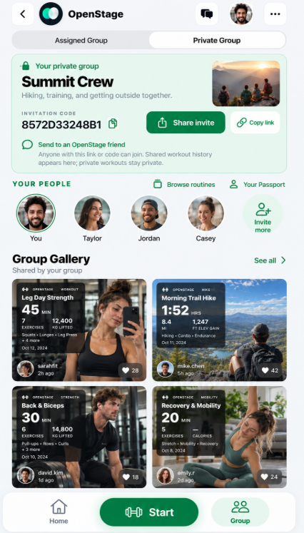 Summit Crew with member avatars and a gallery of member photos with workout summaries